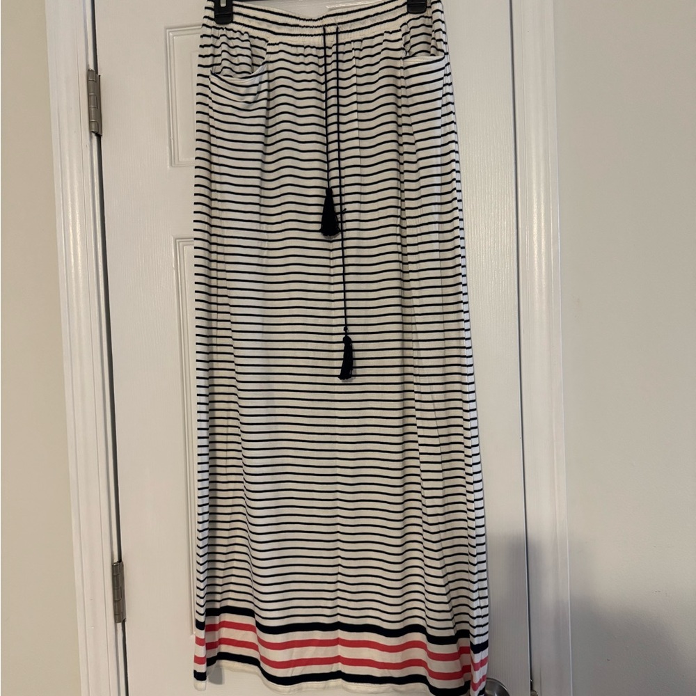 Sophie Max Black and White Striped Maxi Skirt with Red Accent